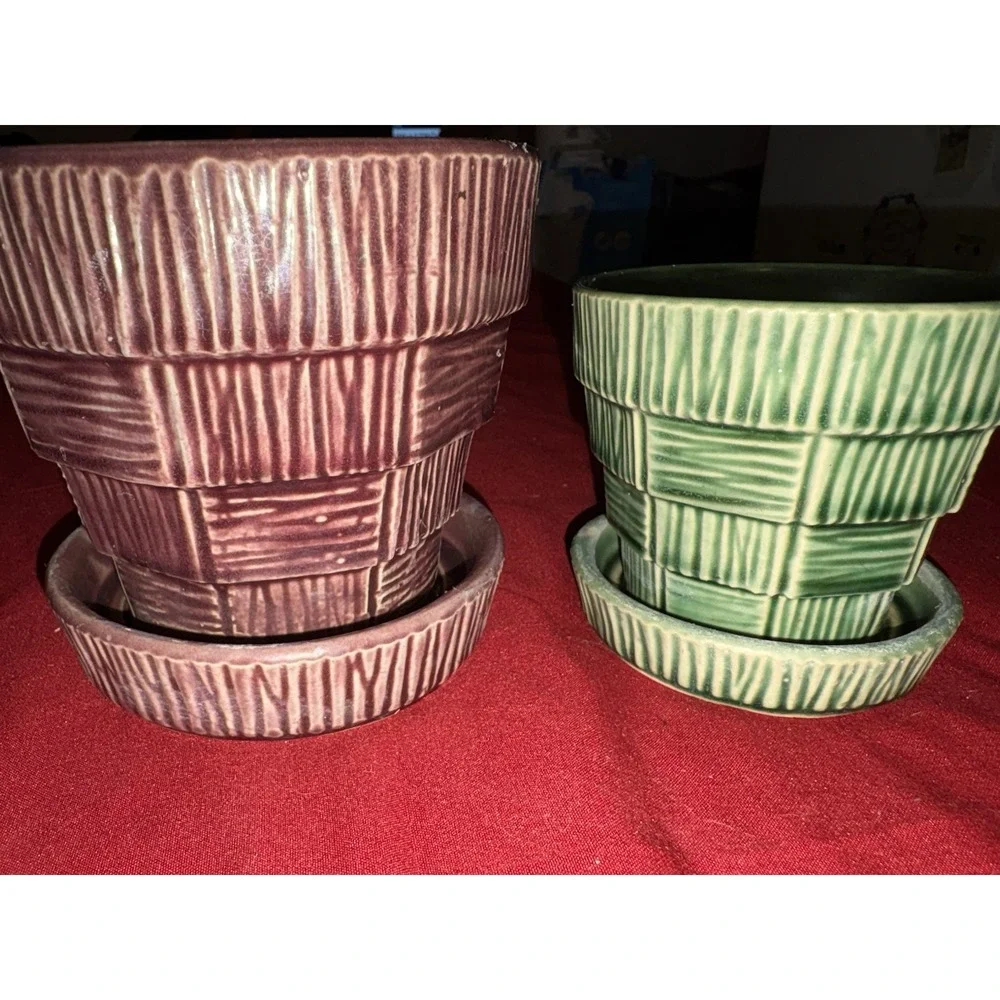 Rare Vintage McCoy Basketweave Planters Set Large Purple 4.5